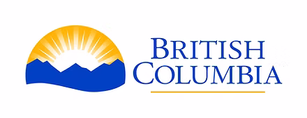 Logo showing a yellow sun rising over blue mountains, with the words "British Columbia" in blue text to the right. A yellow horizontal line appears below the text.