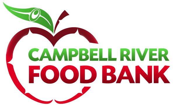 Logo for Campbell River Food Bank, featuring a stylized red apple outline with a green leaf and the text “Campbell River Food Bank” in green and red inside the apple.