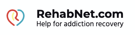 Logo for RehabNet.com with the text "Help for addiction recovery" next to a heart-shaped design made from red, yellow, and blue lines.