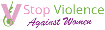 Logo with the text "Stop Violence Against Women" in pink, green, and purple letters. A stylized "V" shape with a green olive branch forms part of the design on the left.