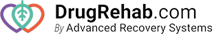 Logo for DrugRehab.com by Advanced Recovery Systems, featuring an icon with two overlapping heart outlines and a medical cross in the center.