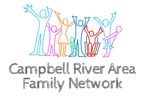 Colorful outline drawings of seven people, including children, adults, and one in a wheelchair, cheerfully raising their arms above the text "Campbell River Area Family Network.
