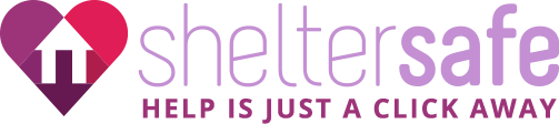 Logo showing a heart with a white house inside, next to the words "sheltersafe" and the tagline "HELP IS JUST A CLICK AWAY," all in shades of purple and pink.