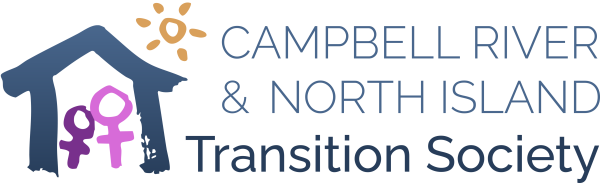 Logo of Campbell River & North Island Transition Society, showing a blue house outline with a yellow sun and two female symbols inside, one dark purple and one pink, next to the organization's name in blue text.
