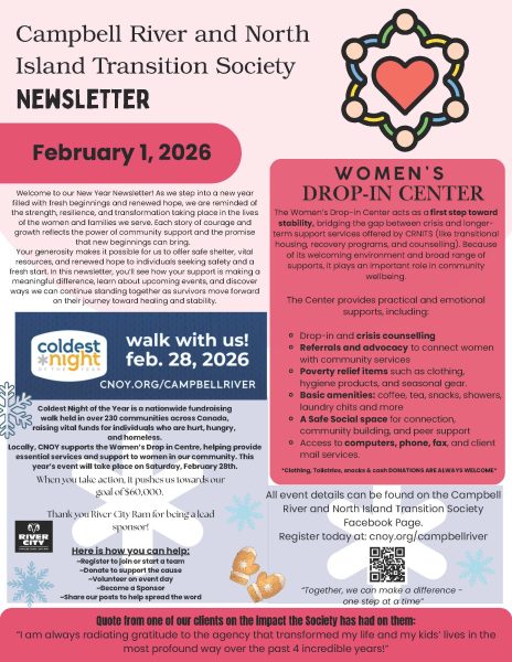 A newsletter for the Campbell River and North Island Transition Society dated February 1, 2026. It features updates, the Women's Drop-In Center hours, the “Coldest Night of the Year” fundraiser, and client testimonials.