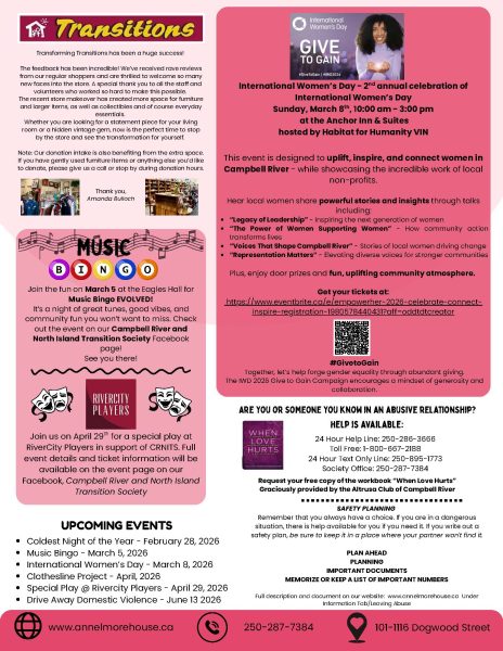 A colorful newsletter includes articles on International Women’s Day, music bingo events, advocacy tips, and upcoming activities. Contact details, website, and social media links for Ann Elmore House are displayed at the bottom.