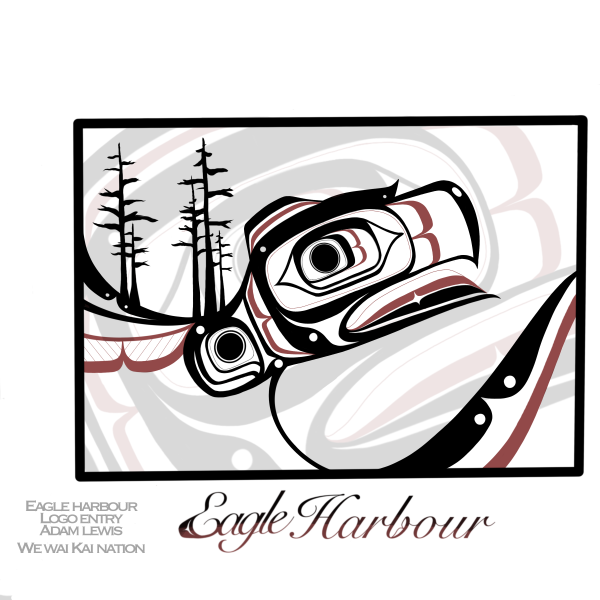 A stylized Indigenous art depiction of an eagle with black, red, and grey patterns, three tall trees on its back, and the words "Eagle Harbour" below. Text credits Adam Lewis, We Wai Kai Nation.