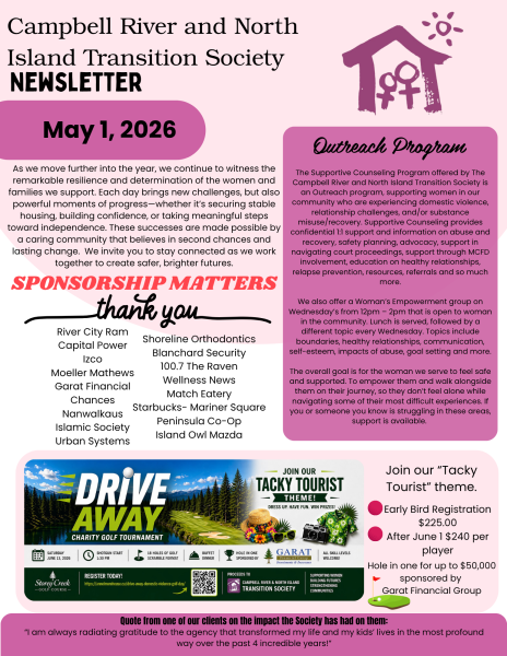 Newsletter for Campbell River and North Island Transition Society, dated May 1, 2026. Includes an outreach program description, sponsor list, two event ads, and images of a house, hearts, and people connecting. Purple and pink design.
