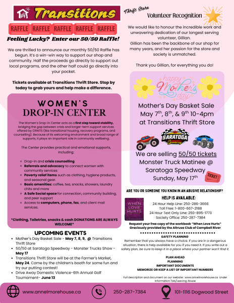 Transitions women’s drop-in center flyer with info on a 50/50 raffle, upcoming events such as a Mother’s Day Basket Sale, volunteer recognition, drop-in center hours, and contact details. Pink, yellow, and purple design.