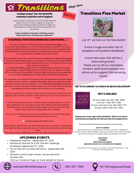 A newsletter with pink and purple tones featuring info about a Transitions Flea Market, upcoming events, raffle details, support contacts, and a section about the thrift store needing community donations and volunteers.