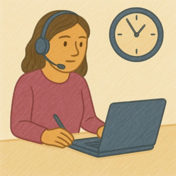 Illustration of a woman wearing a headset, sitting at a desk and using a laptop. She holds a pen and notebook, with a clock on the wall behind her showing 2:00.