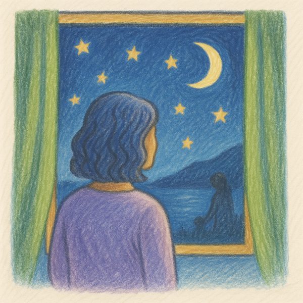 A person with wavy hair looks out a window at a night sky with a crescent moon and stars. Outside, there are hills, water, and a shadowy figure sitting by the shore. Green curtains frame the scene.