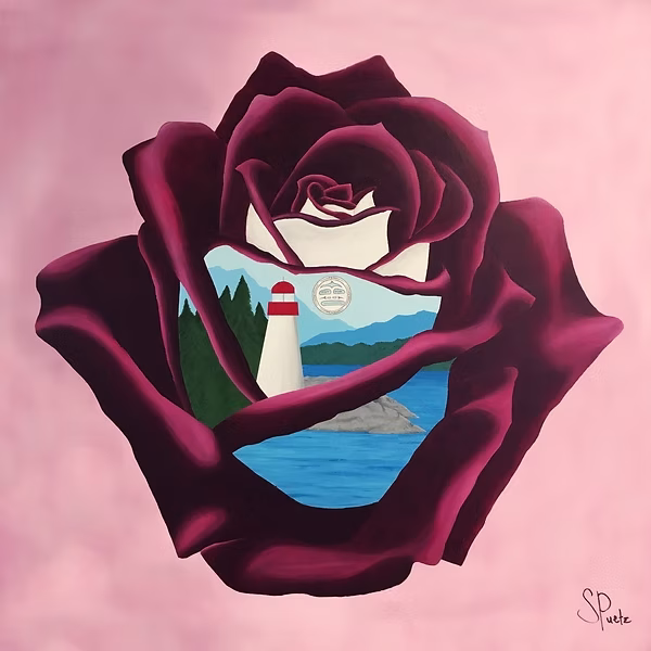 A painting of a large dark red rose with open petals revealing a scene inside: a white lighthouse with a red top, trees, water, and mountains, all set against a soft pink background.