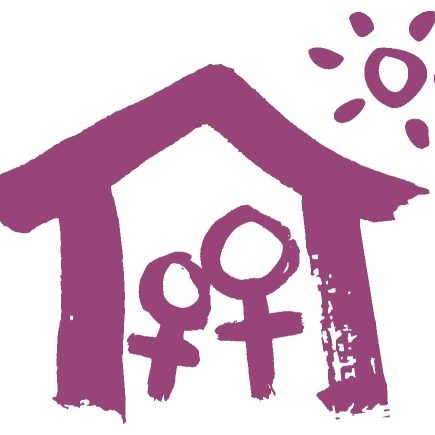 A purple, hand-drawn house with two female symbols inside, representing people, and a sun in the top right corner, all on a white background.