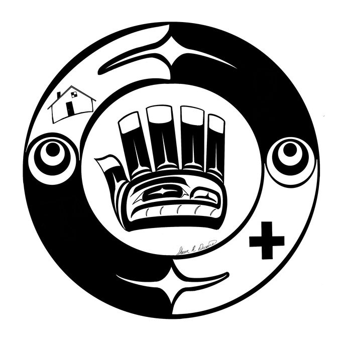 Black and white circular design with a stylized hand in the center, a house icon on the upper left, a plus sign on the lower right, and two eyes on each side. The outer circle contains crescent shapes and star-like accents.