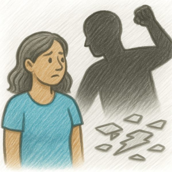 A sad woman stands in front of a shadowy figure raising a fist, with broken glass on the floor, symbolizing fear and emotional distress.