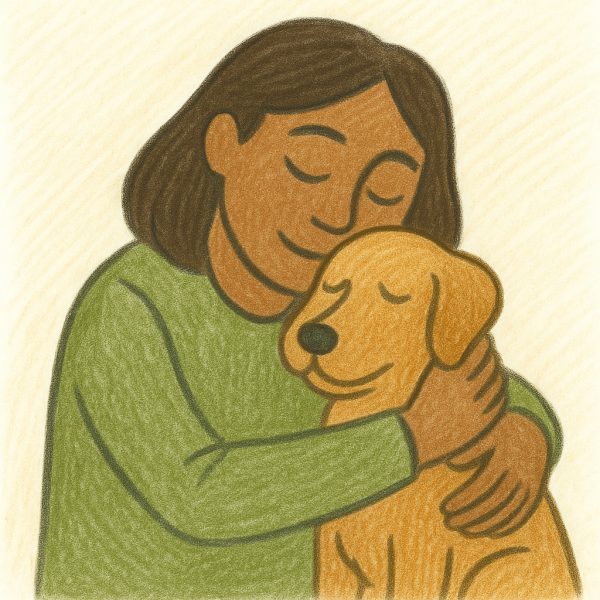 An illustration of a person with medium-length brown hair hugging a golden dog, both appearing content and peaceful. The background is a soft, light yellow shade.
