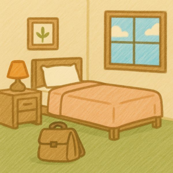 A cozy bedroom with a single bed, pink blanket, nightstand with an orange lamp, a framed plant picture on the wall, a window showing clouds and sky, and a brown briefcase on the green carpet.