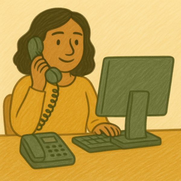 A person with medium-length dark hair sits at a desk, smiling while talking on a landline phone. They are looking at a computer monitor and have one hand on the keyboard. The illustration has a warm, yellow tone.
