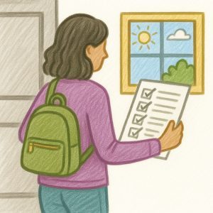 A person with shoulder-length hair and a green backpack holds a checklist and faces an open door. A sunny day is visible through a window with a blue sky and green tree outside.