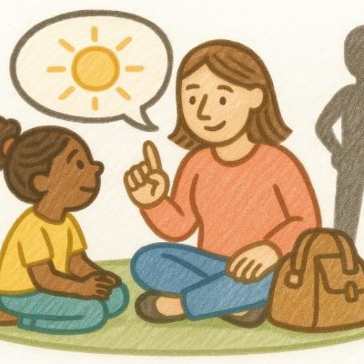 A woman and a girl sit cross-legged on a green mat, talking. The woman gestures to a speech bubble with a drawing of the sun. A brown bag is beside her, and a gray silhouette of a person stands in the background.