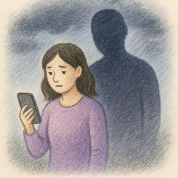 A sad woman in a purple shirt looks at her phone, while a dark, shadowy figure looms behind her, symbolizing anxiety or distress. The scene is softly shaded in muted tones.