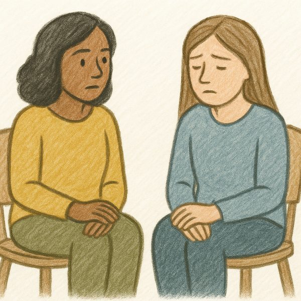 An illustration of two women sitting on chairs, facing each other. One woman has dark hair and a concerned expression, while the other has light hair and looks sad with her head down. Both have their hands in their laps.