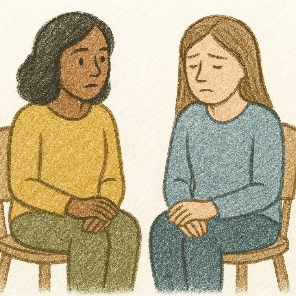 An illustration of two women sitting on chairs, facing each other. One woman has dark hair and a concerned expression, while the other has light hair and looks sad with her head down. Both have their hands in their laps.