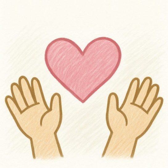 A drawing of two hands raised towards a large pink heart above them, symbolizing care, love, or support.