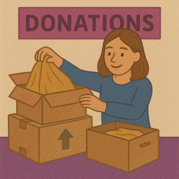 A woman smiles as she places clothes into a cardboard box at a donation center. The word "DONATIONS" is displayed on a sign in the background.