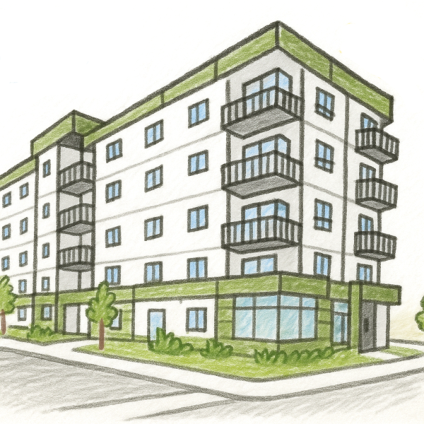 A colored pencil illustration of a modern four-story apartment building with balconies and green trim, surrounded by small trees and grass at the corner of an intersection.