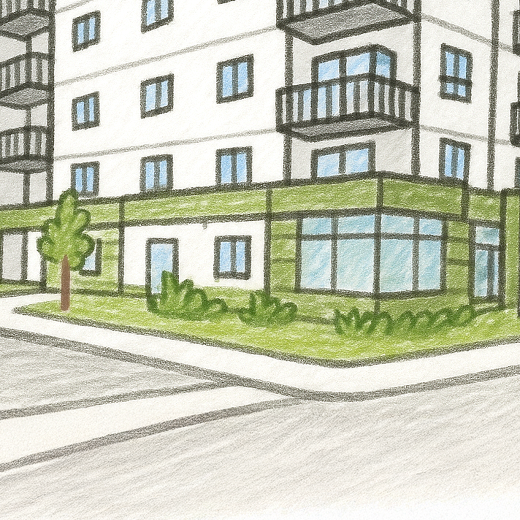A colored pencil drawing of a modern apartment building with balconies, large windows on the ground floor, greenery, a small tree, and a sidewalk at the corner of a street.