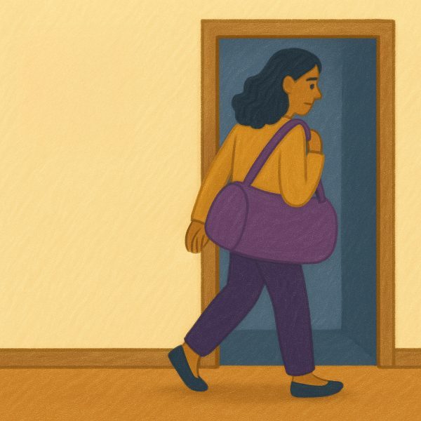 An illustration of a person with long dark hair carrying a large purple bag, walking through an open doorway onto a blue floor, set against a yellow wall and floor.