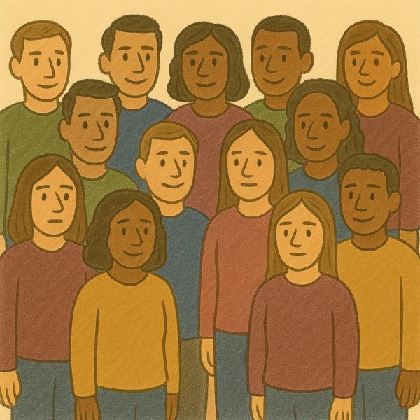 An illustration of thirteen people standing close together, smiling. They have different hair colors and skin tones, and are wearing casual, long-sleeved tops in various earthy colors. The background is a light beige shade.