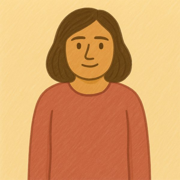 An illustrated portrait of a person with medium-length brown hair, wearing a long-sleeved, rose-colored shirt, smiling against a light tan background.