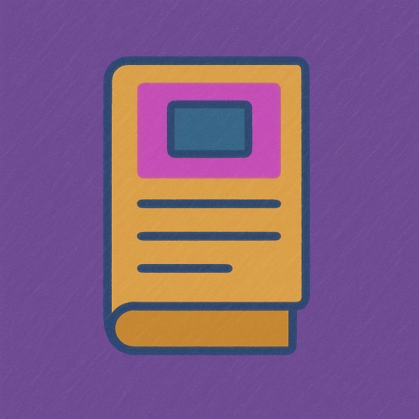 An illustrated icon of a yellow folded newspaper or magazine with horizontal lines and a blue rectangle on it, set against a textured purple background.