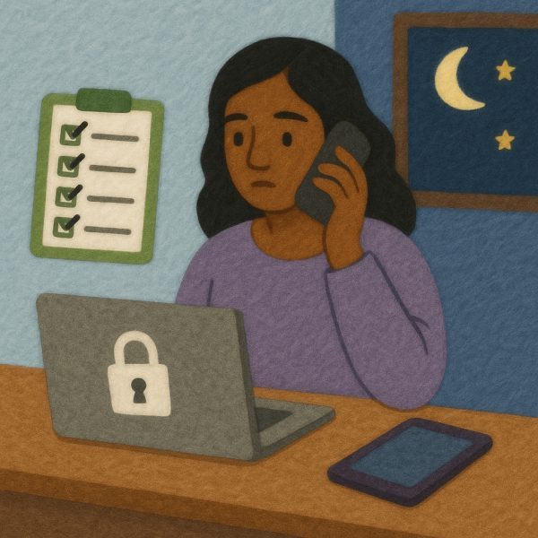 A person sits at a desk at night, talking on the phone. A laptop with a lock symbol, a tablet, and a clipboard with checked boxes are on the desk. A window shows a crescent moon and stars outside.