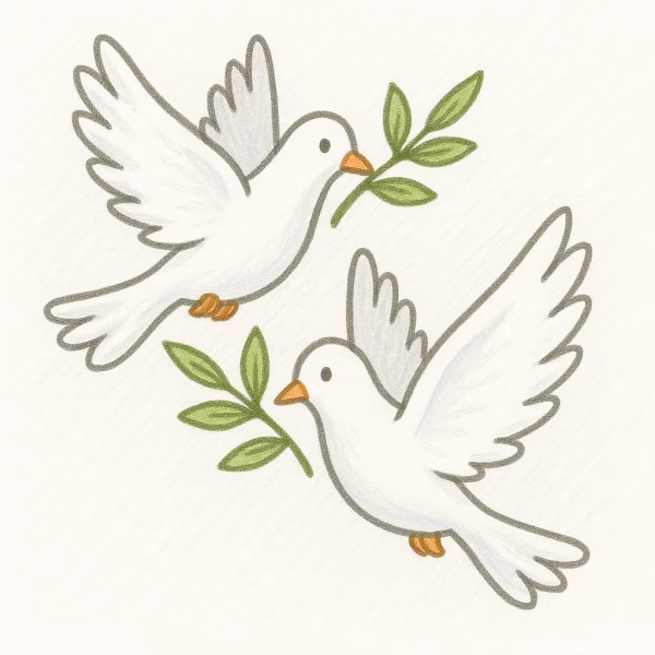 Two white doves with orange beaks and feet fly while each holds a green olive branch in their beaks. The background is light and textured, giving the image a gentle and peaceful feel.