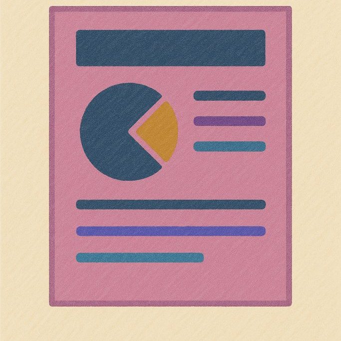 A stylized illustration of a document with a pie chart, horizontal lines, and text blocks on a pink background, representing a report or infographic on a beige textured surface.