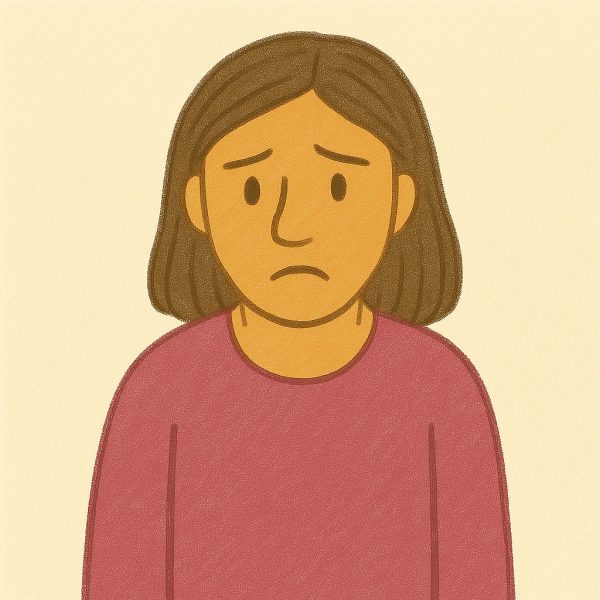 An illustration of a person with medium-length brown hair wearing a maroon long-sleeve shirt, looking sad with downturned eyebrows and mouth, set against a light beige background.