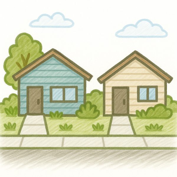 A drawing of two small houses with brown roofs and doors, one blue and one yellow, surrounded by green bushes, trees, and a sidewalk under a partly cloudy sky.