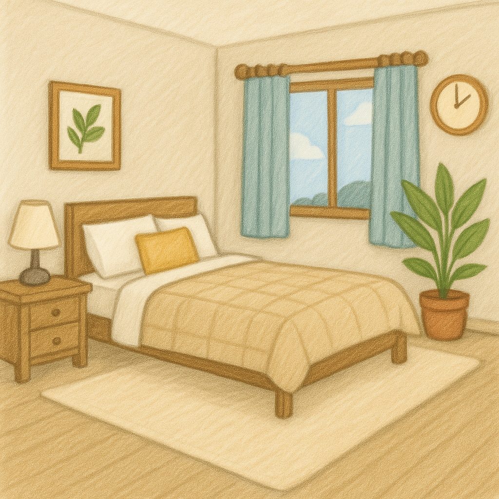 A cozy bedroom with a wooden bed, bedspread, and yellow pillow, a bedside table with a lamp, a wall clock, a potted plant, framed art, blue curtains, and a window showing clouds and hills.