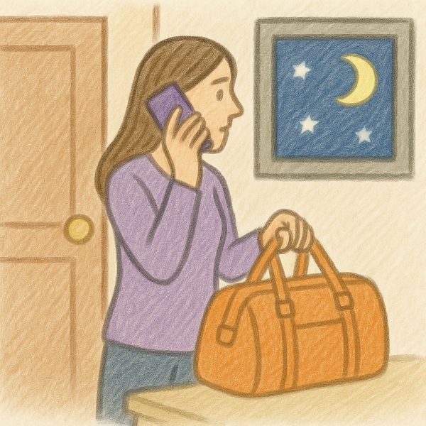 A woman holding a phone to her ear stands by a table with an orange duffel bag. She is wearing a purple top. A closed door and a framed picture of a night sky with a crescent moon and stars are in the background.