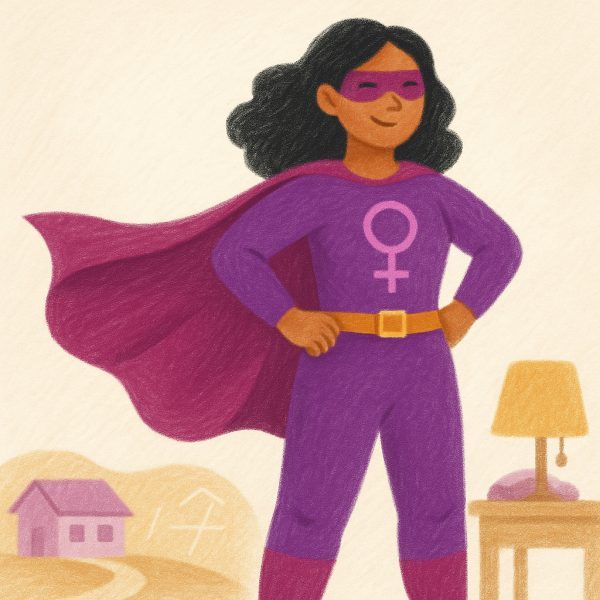 Illustration of a woman in a purple superhero costume with a female gender symbol on her chest, standing confidently with hands on hips. She wears a cape and mask, with a house and lamp in the background.