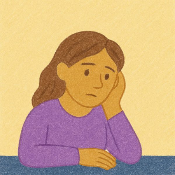 An illustration of a woman with long brown hair, wearing a purple sweater, resting her head on her hand and looking thoughtful or worried, sitting at a blue table against a yellow background.